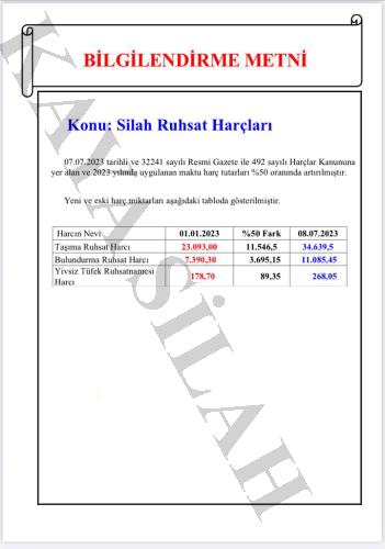 2023 YILI SİLAH RUHSAT HARÇLARI